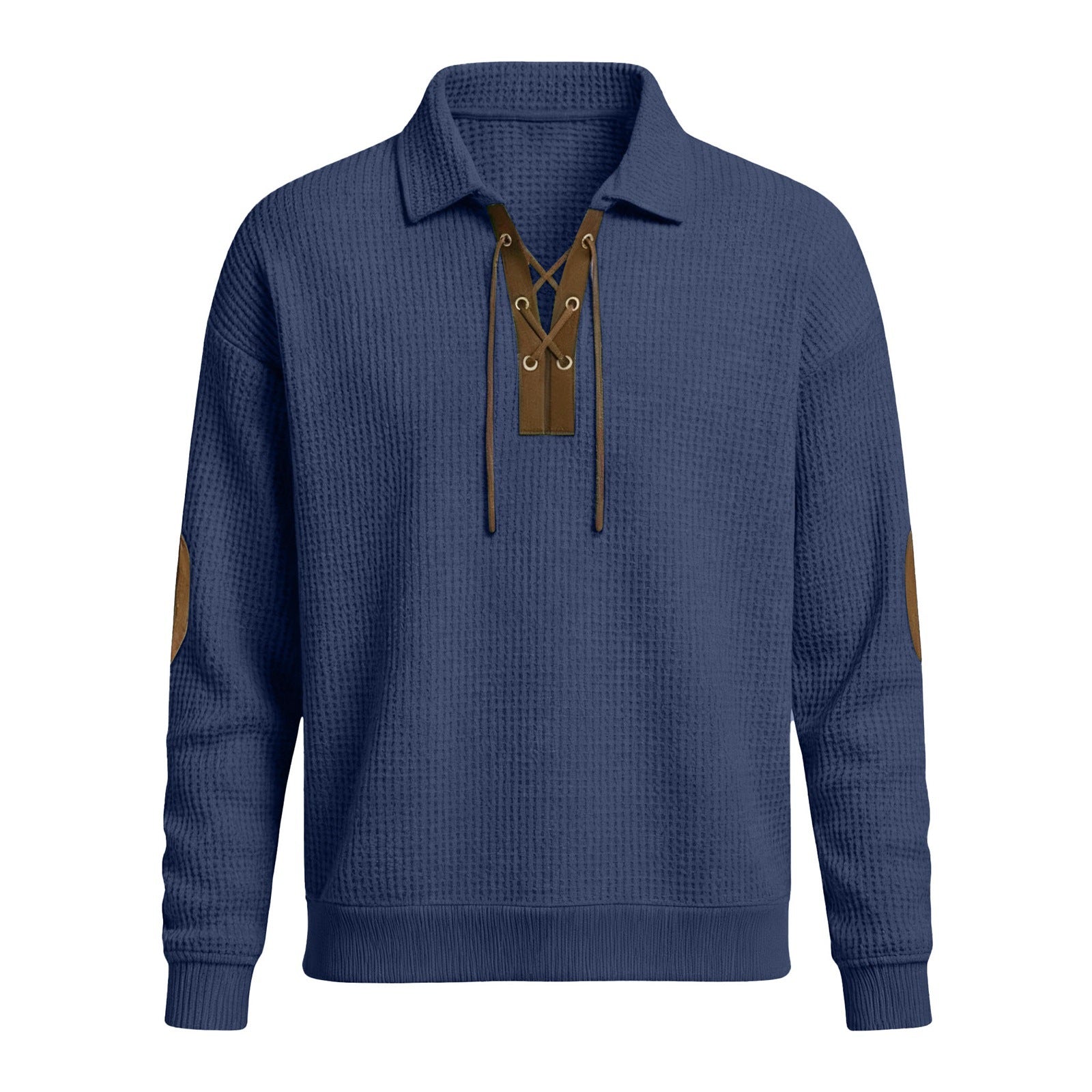 Men's oversized knit sweatshirt, navy blue collared hood with drawstrings