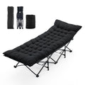 Foldable camping bed with quilted mattress, black fabric, steel folding legs