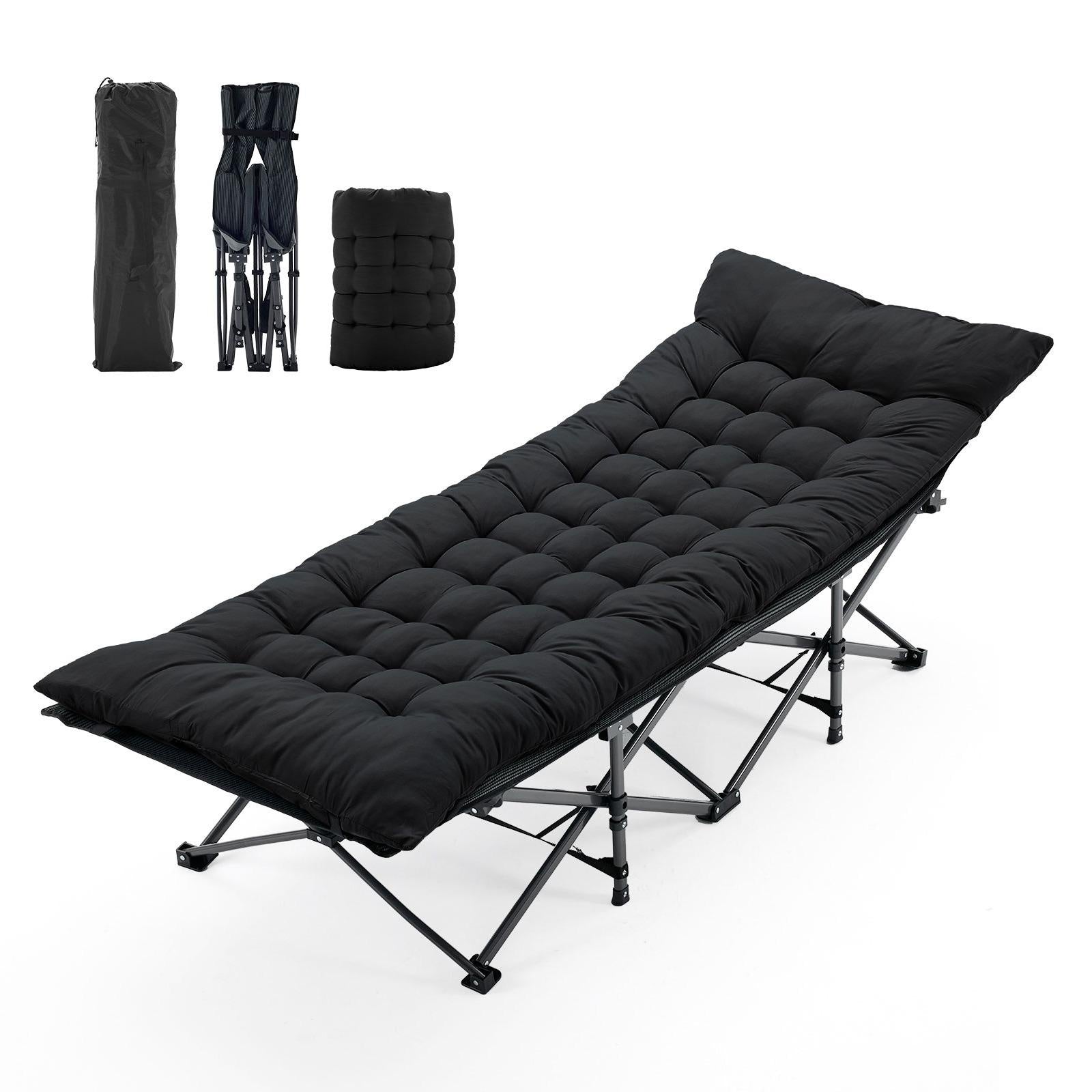 Foldable camping bed with quilted mattress, black fabric, steel folding legs