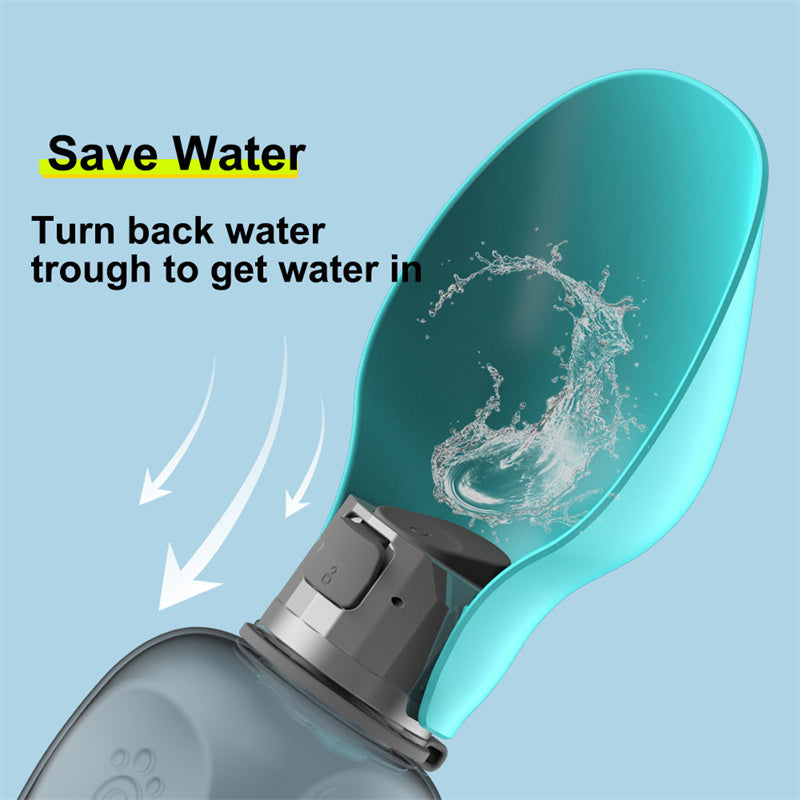 Foldable dog water bottle with teal fold-out bowl, water redirected into bottle opening