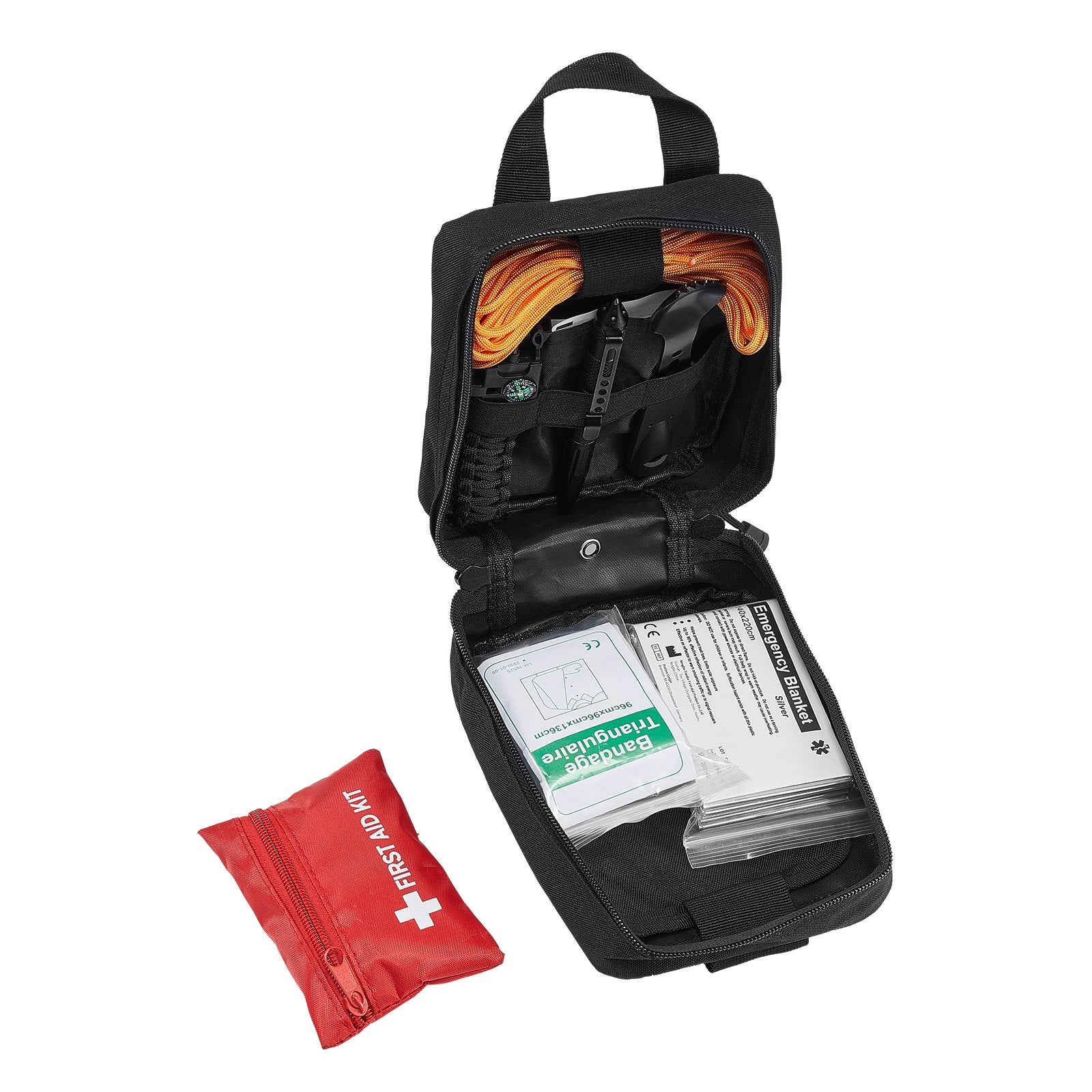 Black first aid kit bag open, orange gauze rolls and wrapped supplies in pockets