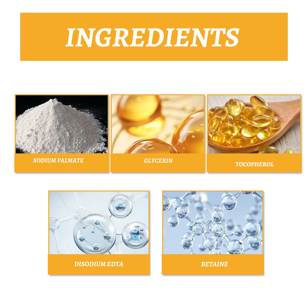 Shampoo bar ingredients panel listing sodium palmate, glycerin, tocopherol, betaine