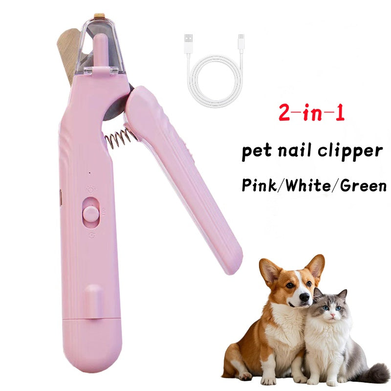 Pink pet nail clipper and grinder with transparent safety guard and attached hand grip