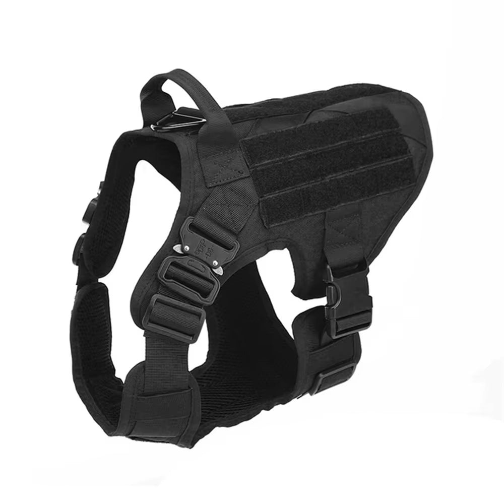 Tactical nylon dog harness in black with padded back panel, chest straps, and metal hardware