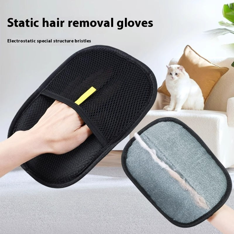 Pet hair remover grooming glove with black mesh surface and gray lint-removal pad