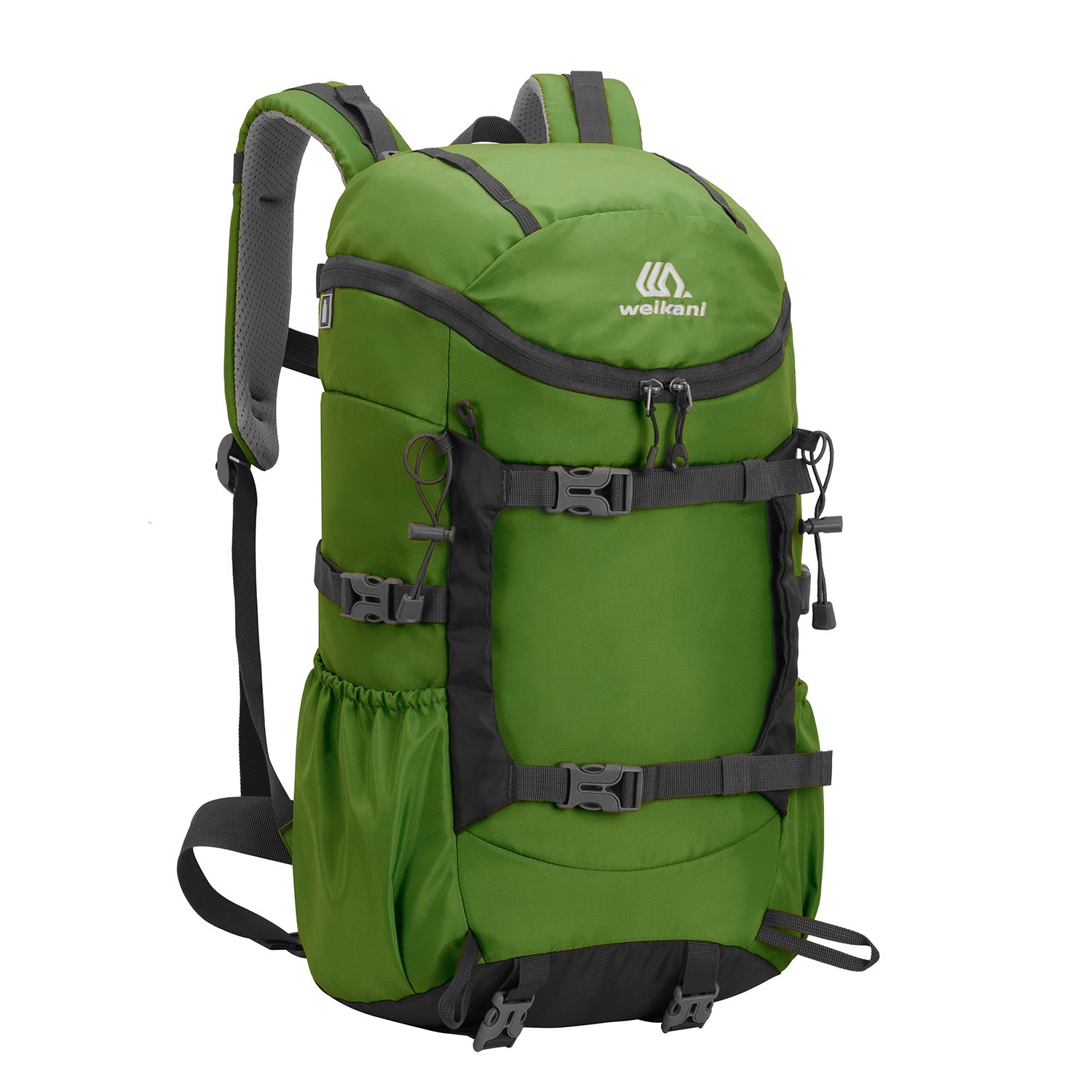 Army green 30L hiking backpack with front zip pocket, straps, weikani logo