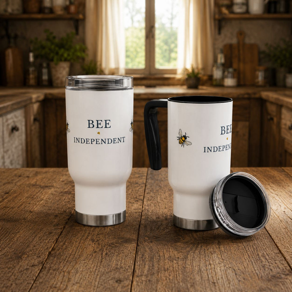 White stainless steel travel mug with lid and Bee Independent logo