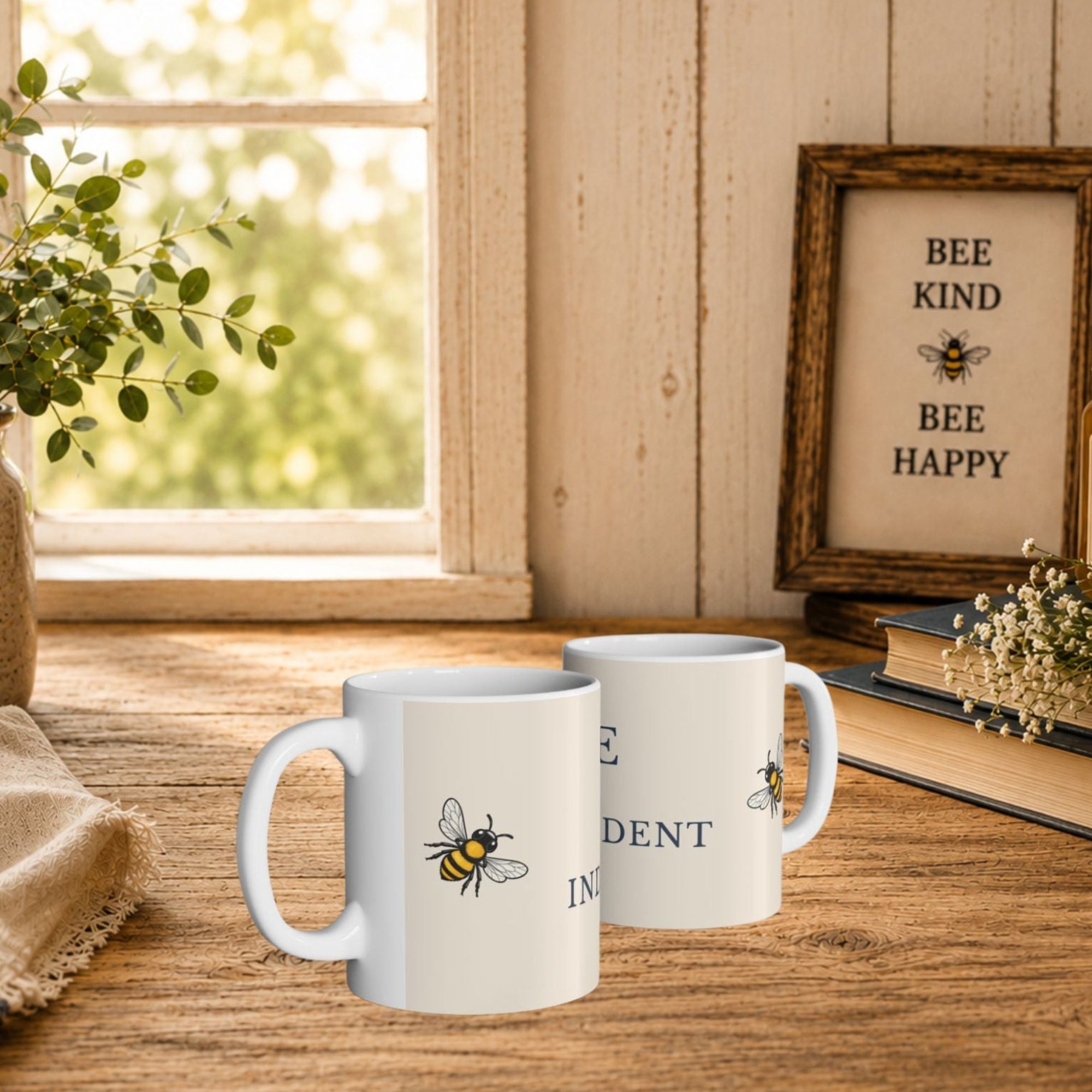 Two beige ceramic mugs with bee illustrations, white handles, and partial 'INDE' lettering