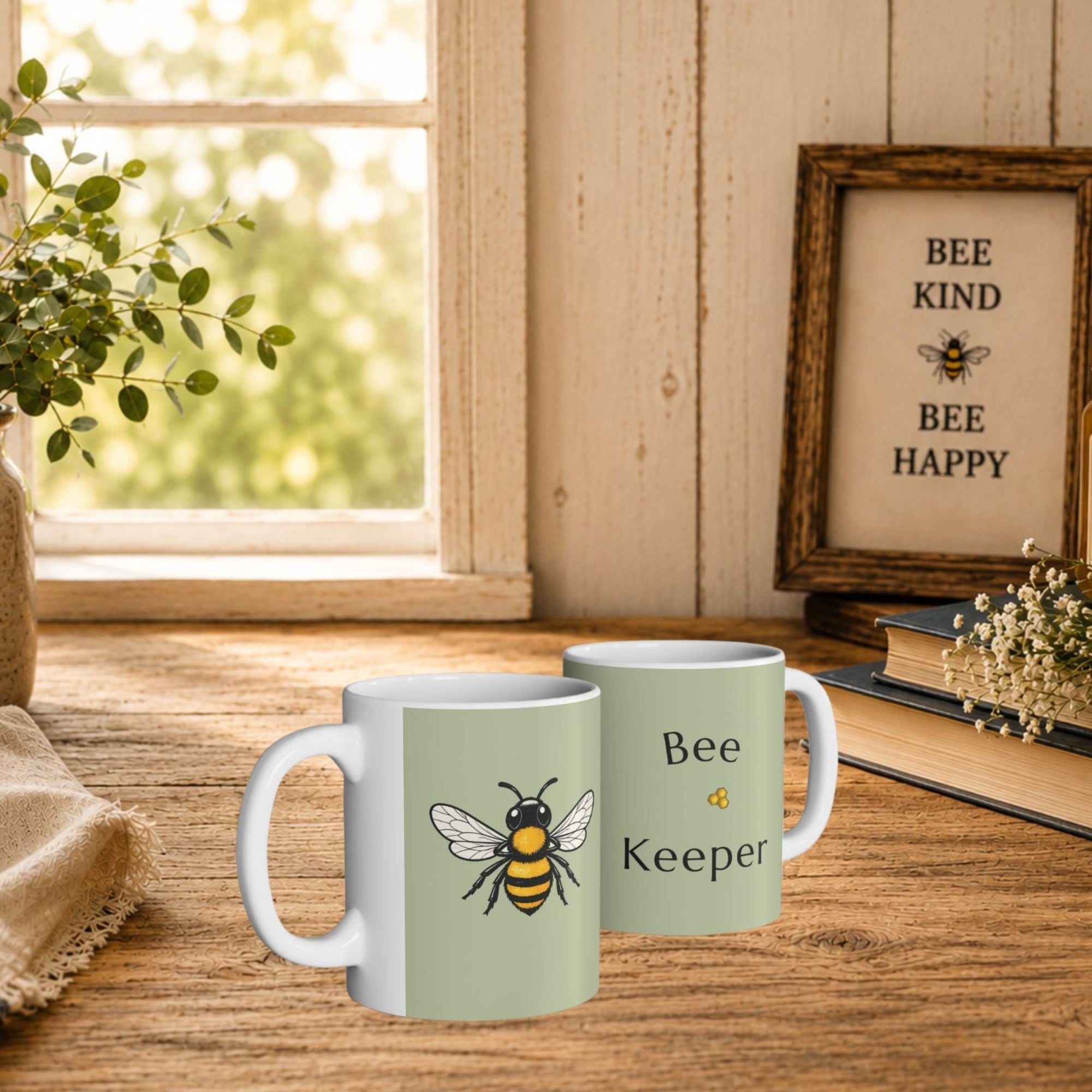 Two green bee-themed mugs on tabletop, both with bee graphic and white handles
