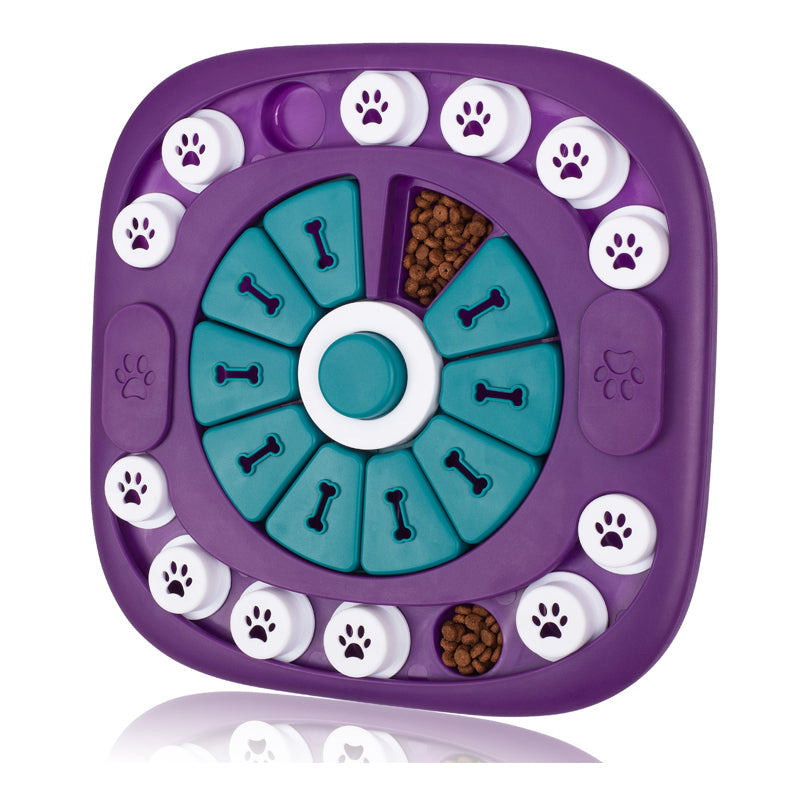 Purple treat puzzle toy for dogs with teal bone compartments and paw buttons