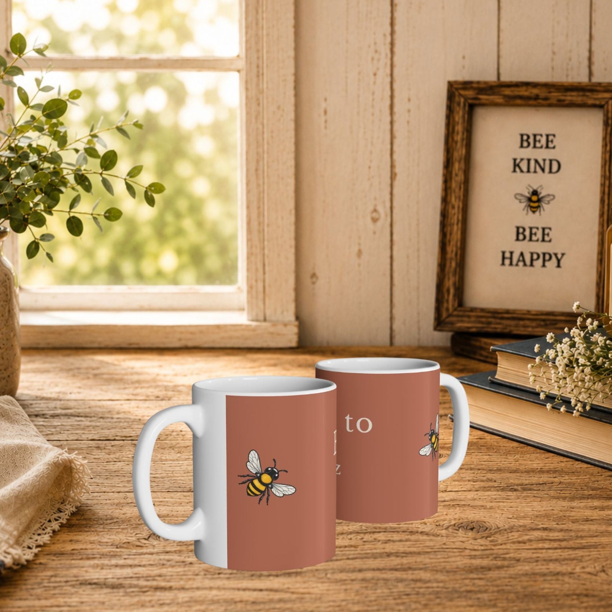 Set of two brown mugs with bee graphics and “Born to Buzz” wording