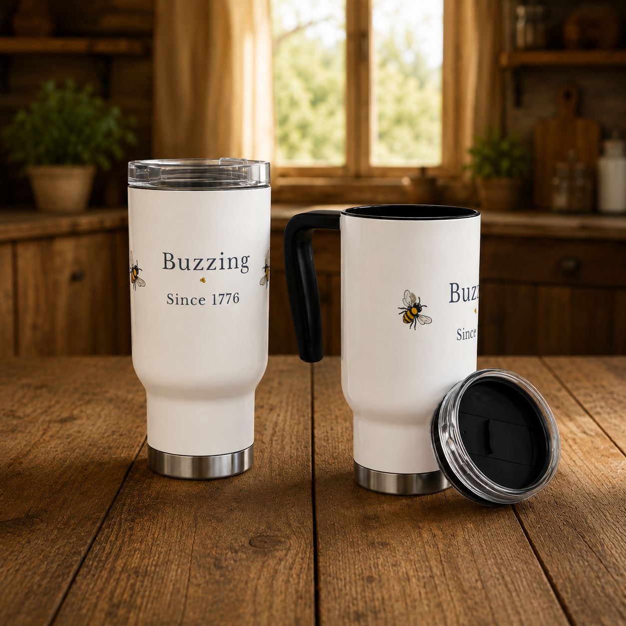 White travel mug with bee illustration and 'Buzzing Since 1776' text, stainless steel