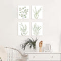 Set of 4 framed botanical leaf canvas prints with green foliage designs
