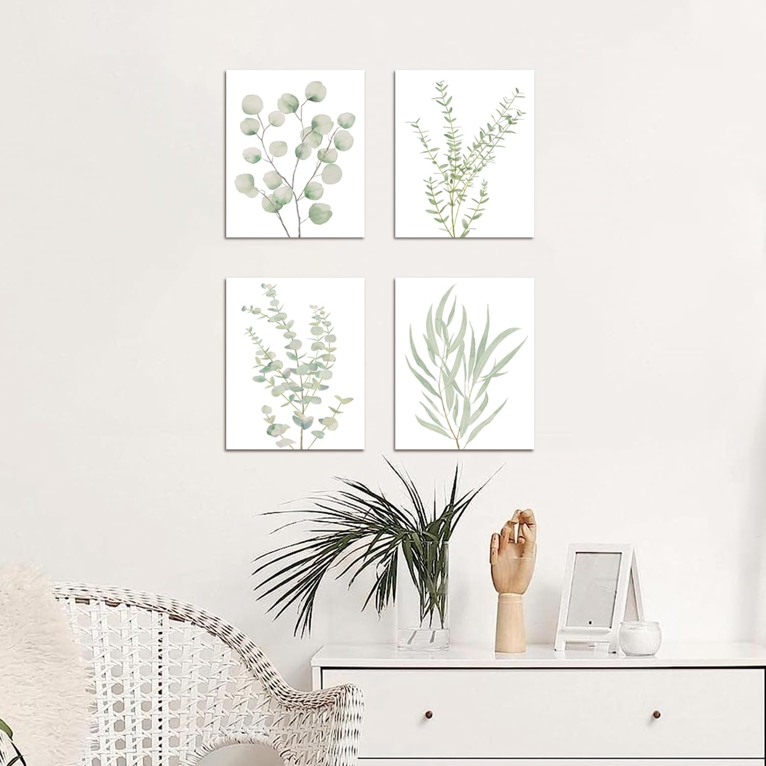 Set of 4 framed botanical leaf canvas prints with green foliage designs