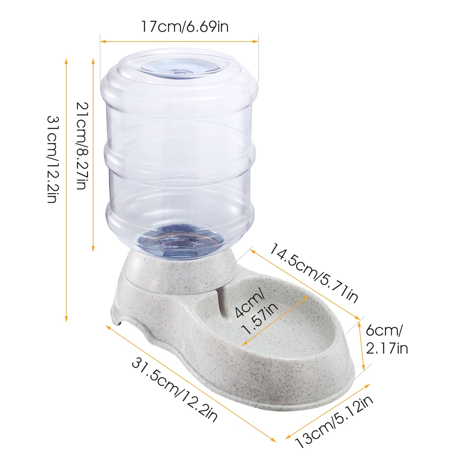 Gravity pet water dispenser dimensions view: clear reservoir on light gray base