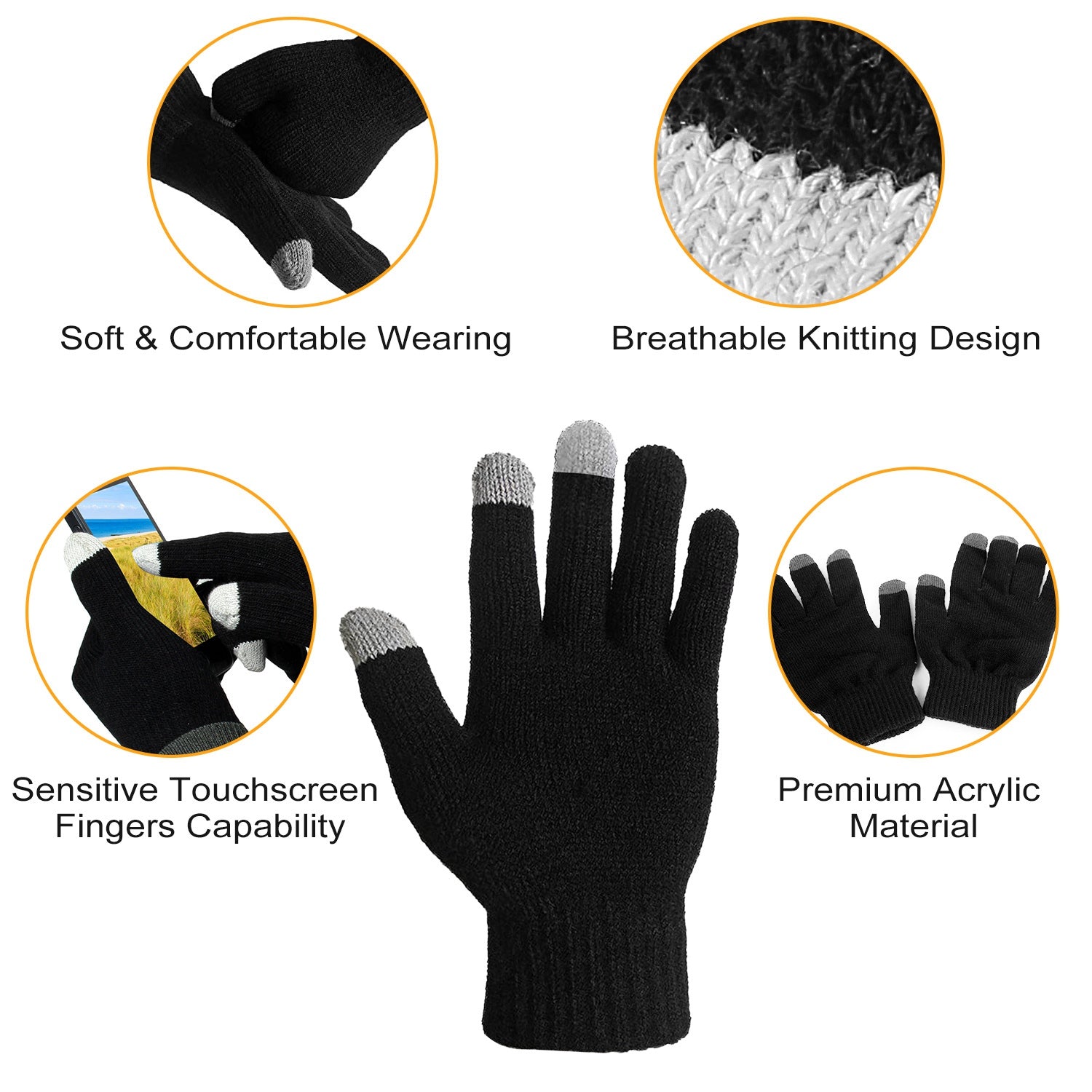 Black touchscreen knit gloves with three-finger tips and breathable knit texture, ribbed cuff.