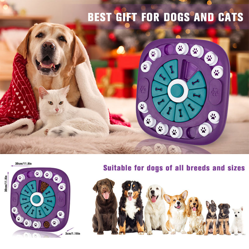Purple treat puzzle toy for dogs with teal bone compartments and paw-lid pieces beside pets