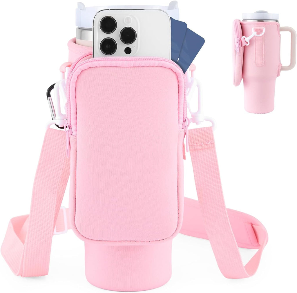 Neoprene tumbler holder bag with zip front pocket and adjustable strap, blush pink