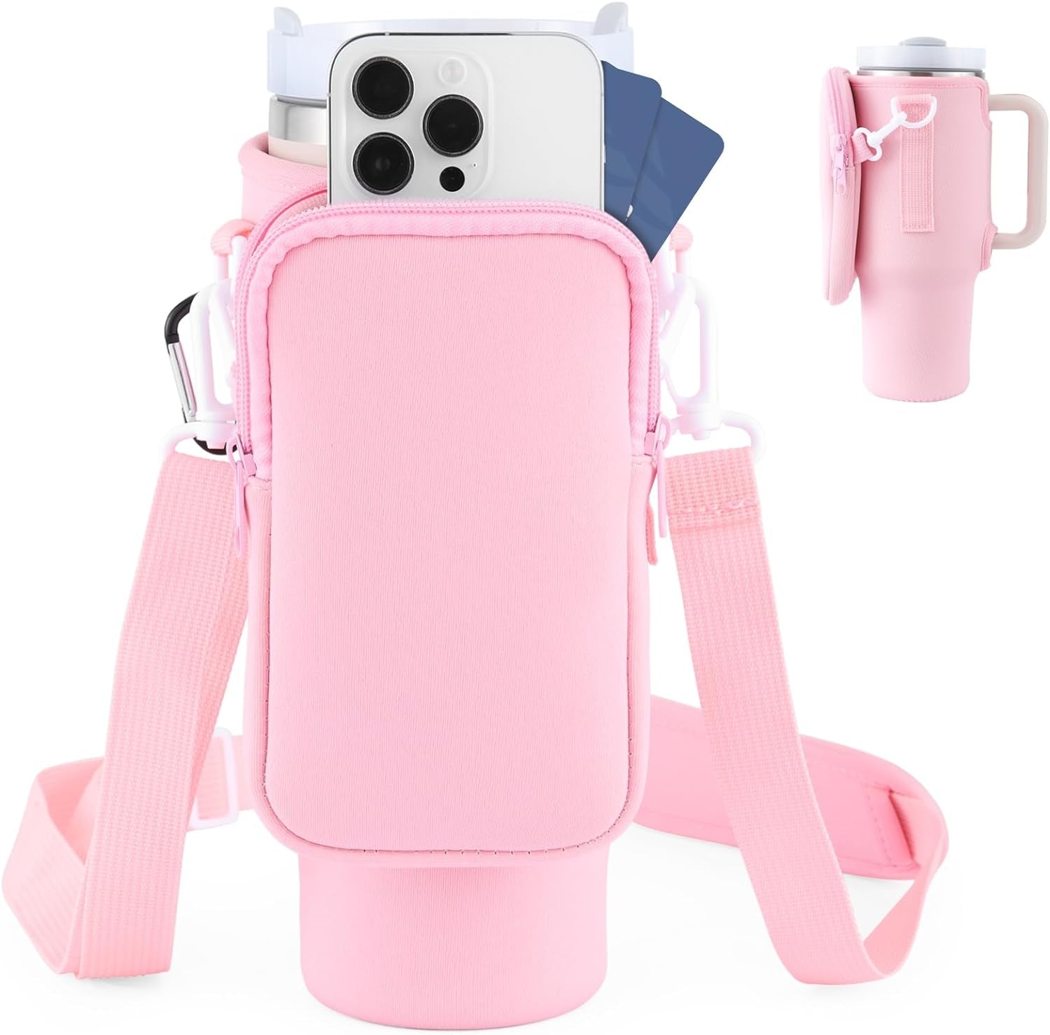 Neoprene tumbler holder bag with zip front pocket and adjustable strap, blush pink
