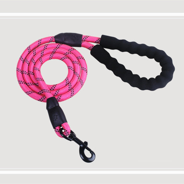 Dog leash rope with pink braided cord and black handle loop and metal clasp