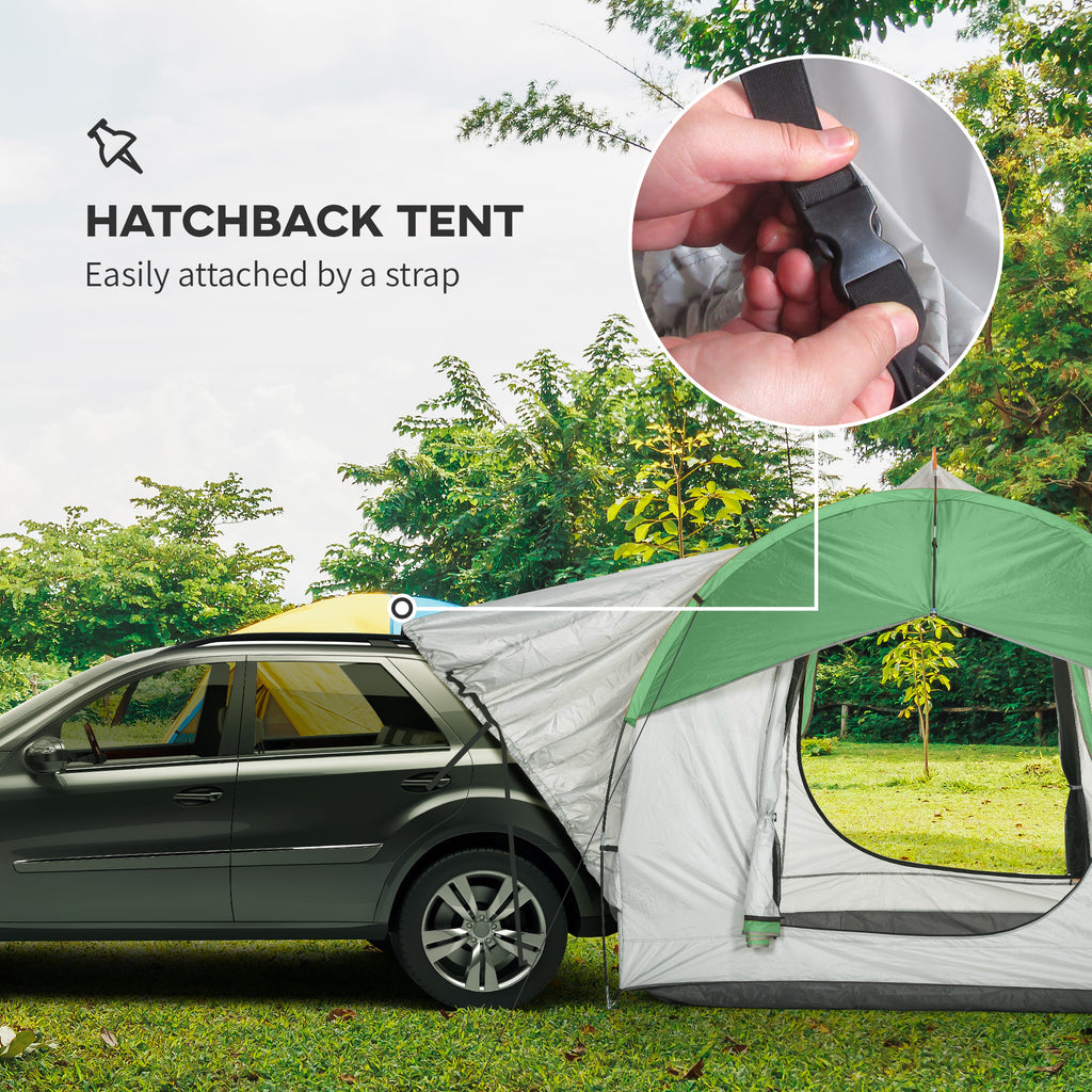 Green and gray SUV car tent attached to hatchback with open entry