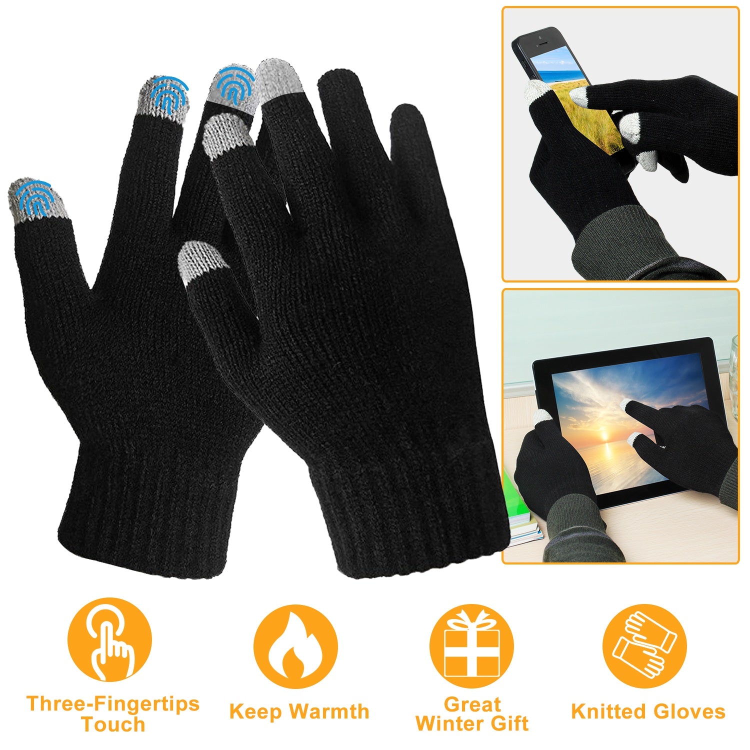 Black knit 3-finger gloves with touchscreen fingertips, ribbed cuffs, unisex design.