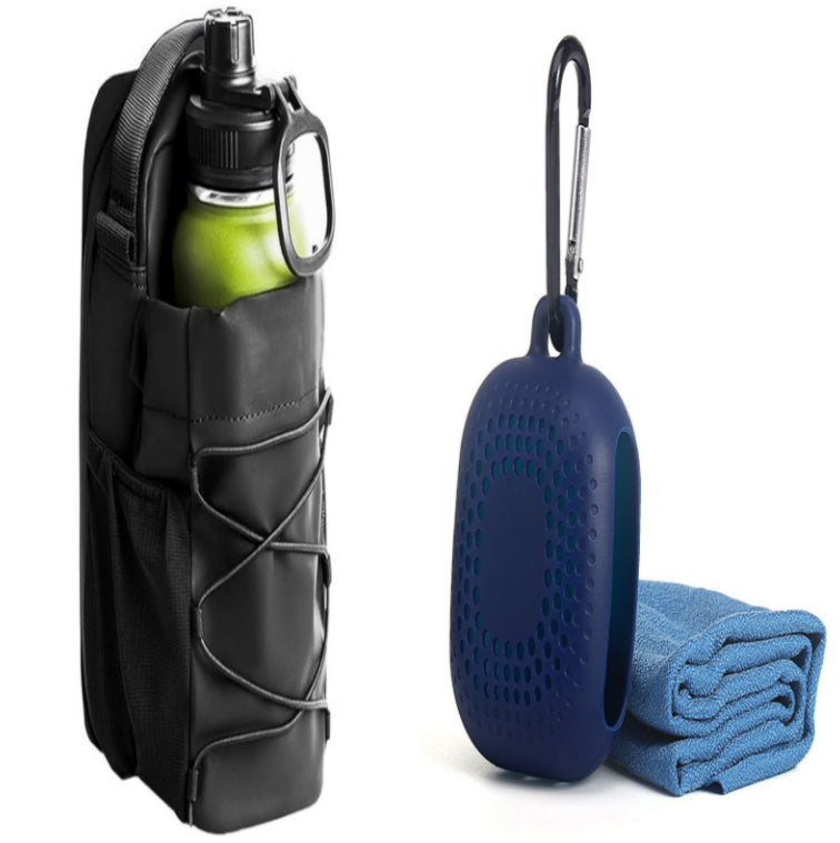 Black fitness sling bag with bottle holder; blue bottle sleeve and towel set shown