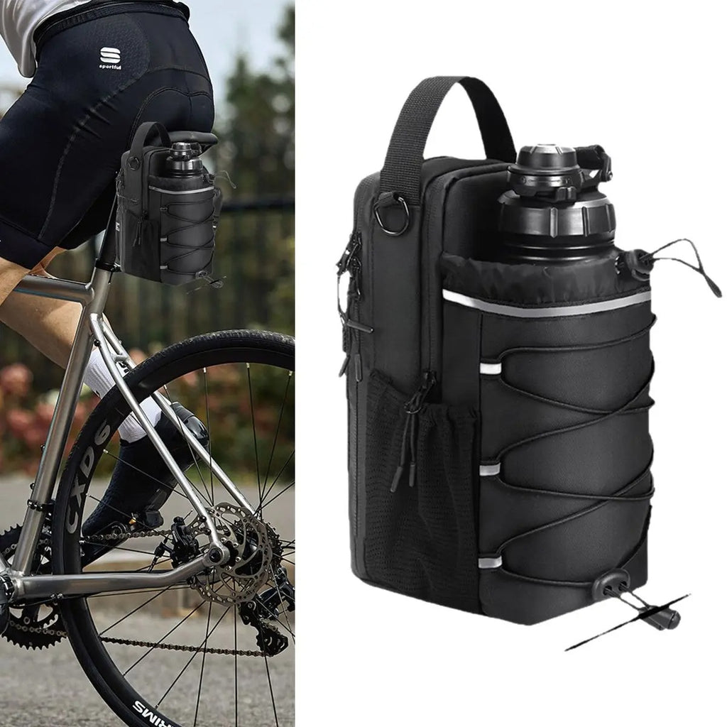 Black gym sling bag attached to bicycle rider; bottle holder with front compartments