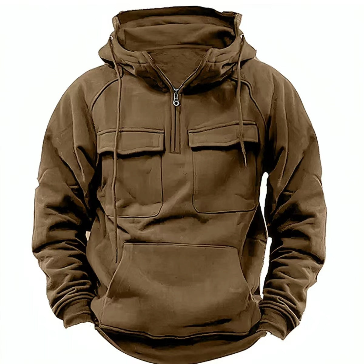 Tan zip-up hoodie with hood, front zip, flap chest pockets, kangaroo pocket