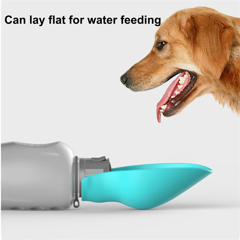 Foldable dog water bottle with fold-out bowl, grey bottle and teal trough extended flat