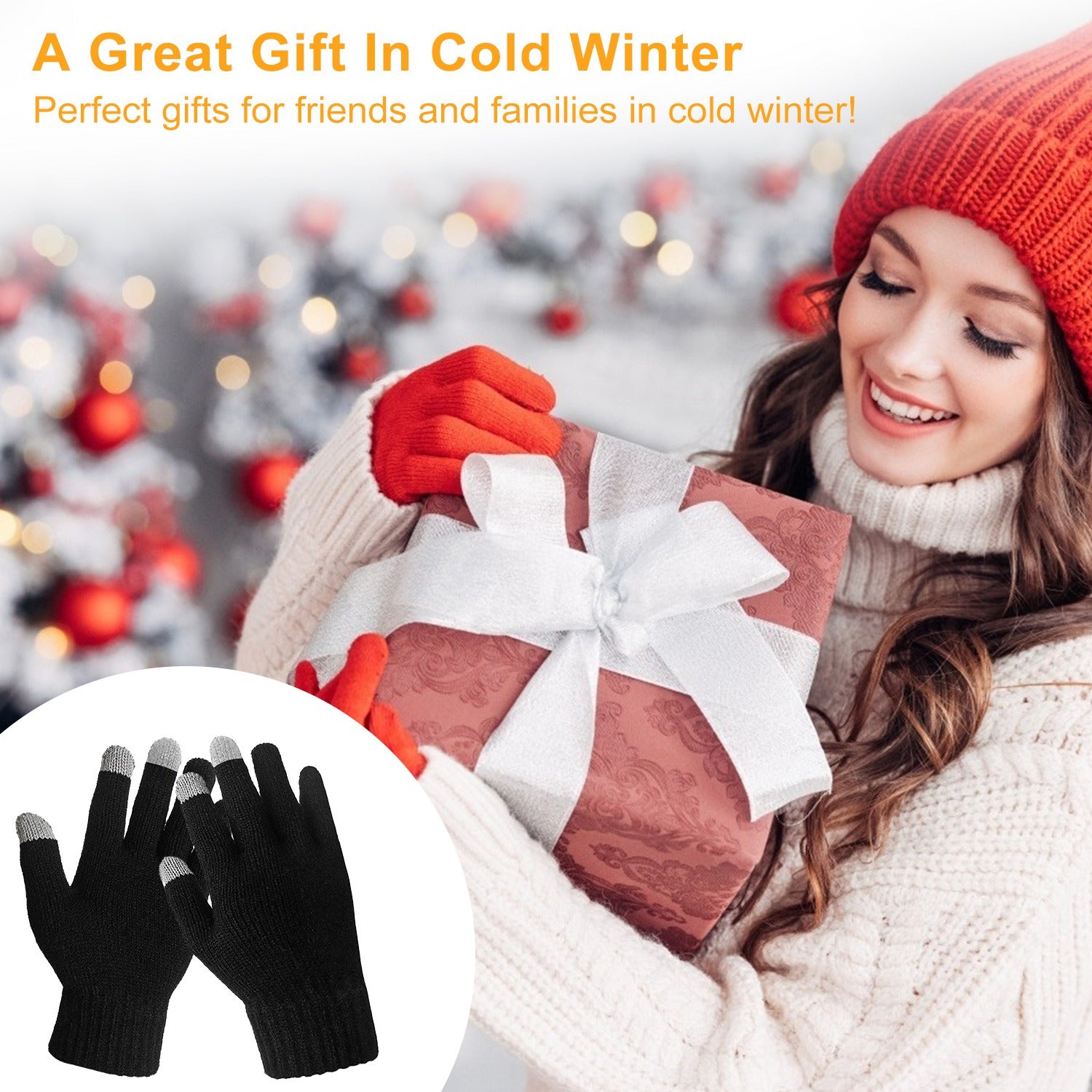 Black touchscreen knit gloves with three-finger fingertips and ribbed cuffs, unisex pair.
