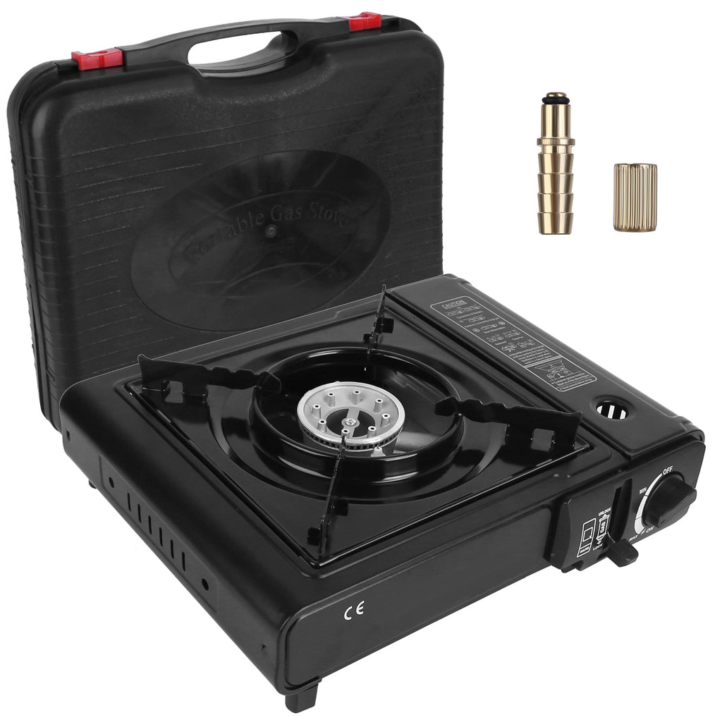 Black camp stove with piezo ignition, dual-fuel adapters and burner head