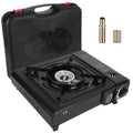 Black camp stove with piezo ignition, dual-fuel adapters and burner head