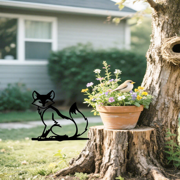 Black metal fox silhouette wall sign, fox sitting in profile outline