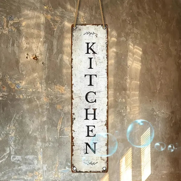 Wooden hanging kitchen sign with worn finish, vertical KITCHEN lettering, rope loops