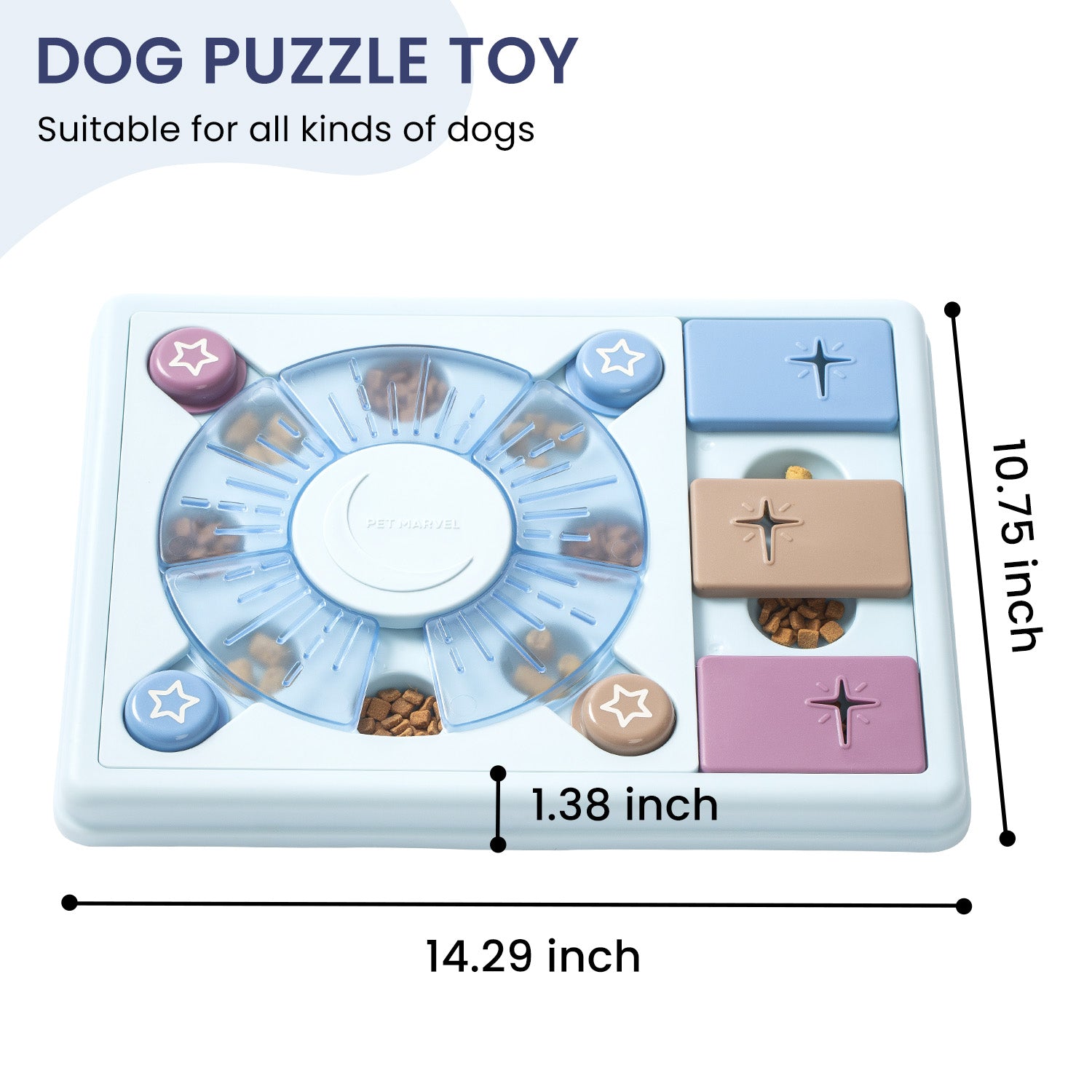 Light blue dog puzzle slow feeder board with star and heart compartments and center bowl