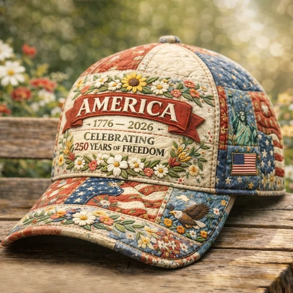 Beige floral baseball cap with “AMERICA 1776–2026” and “250 years of Freedom” text