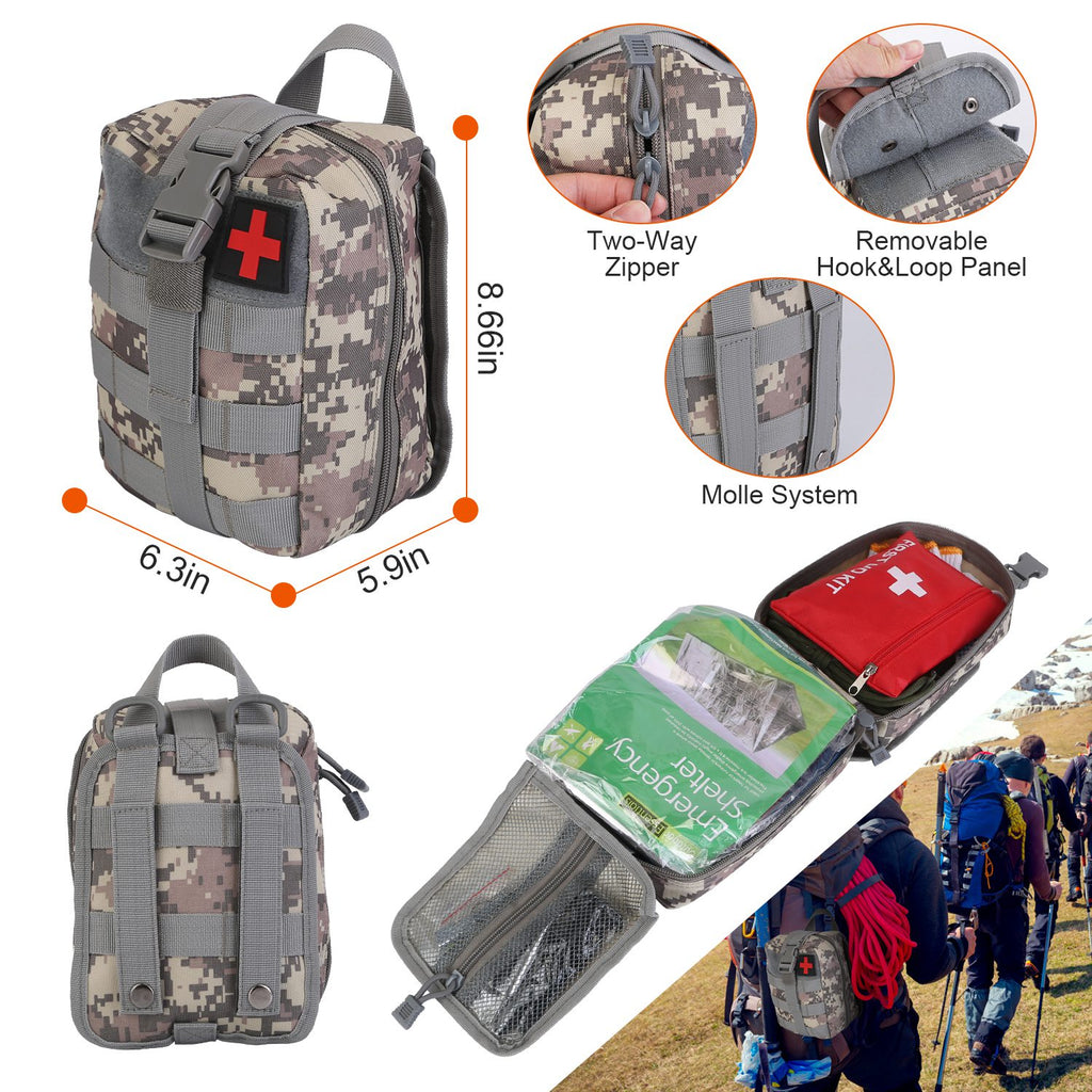 Camouflage first aid pouch with red medical cross, zipper closure and MOLLE attachment loops