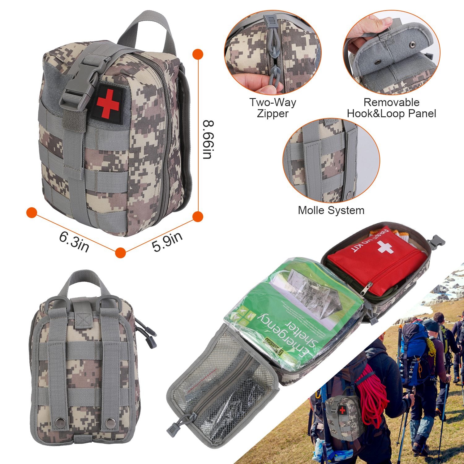 Camouflage first aid pouch with red medical cross, zipper closure and MOLLE attachment loops