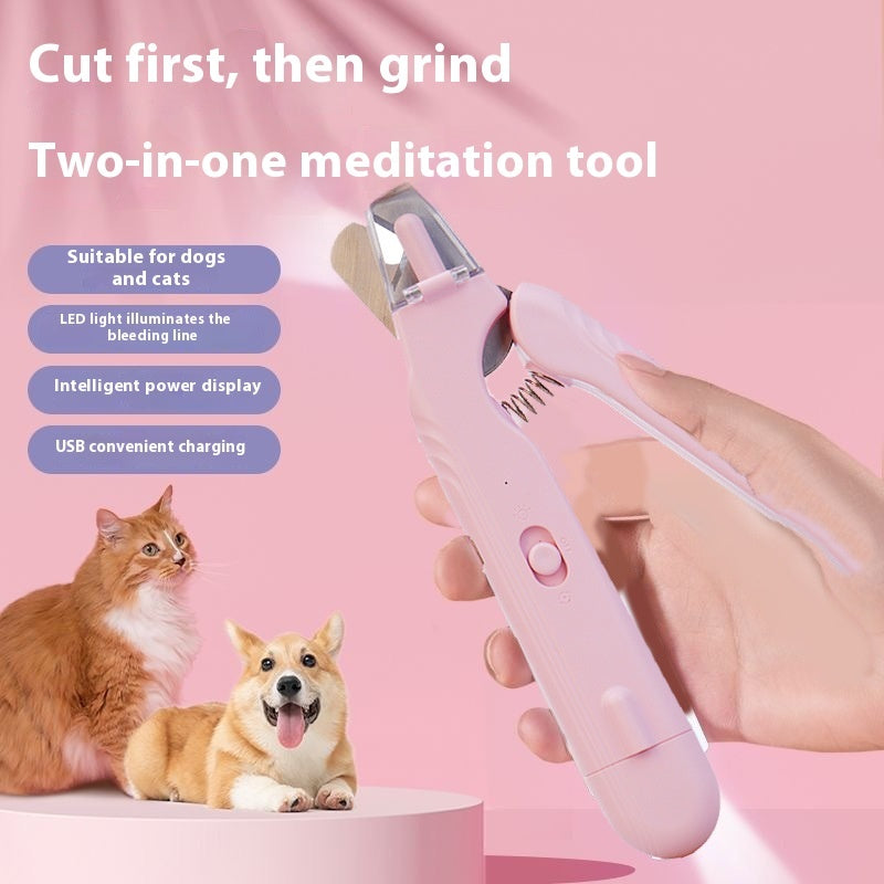 Pink 2-in-1 pet nail clipper and grinder held in hand with transparent guard