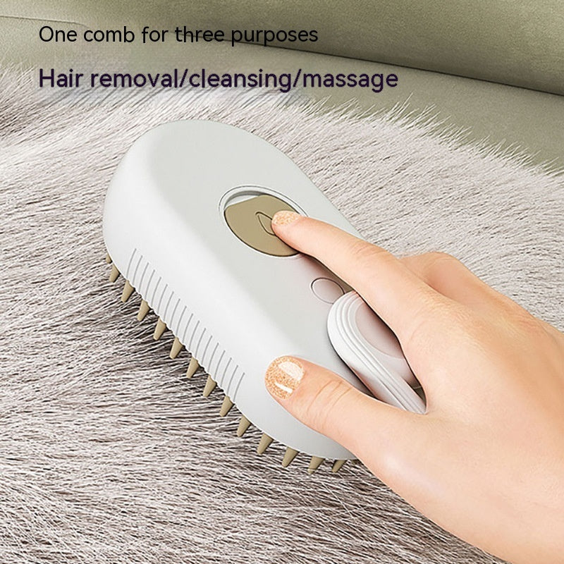 Milk brown pet grooming brush with orange bristles and top control button, handheld