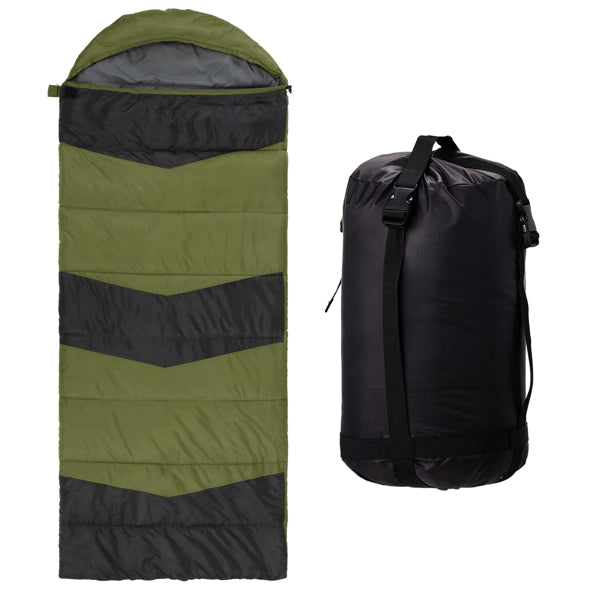 Heated sleeping bag with hood, olive body and dark gray stripe panels