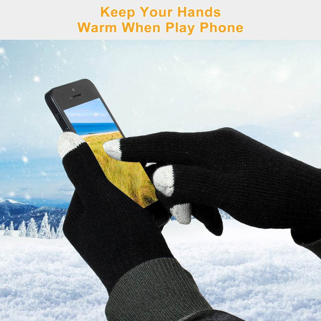 Black knit touchscreen gloves with three-finger fingertips and ribbed cuffs, hands with phone.
