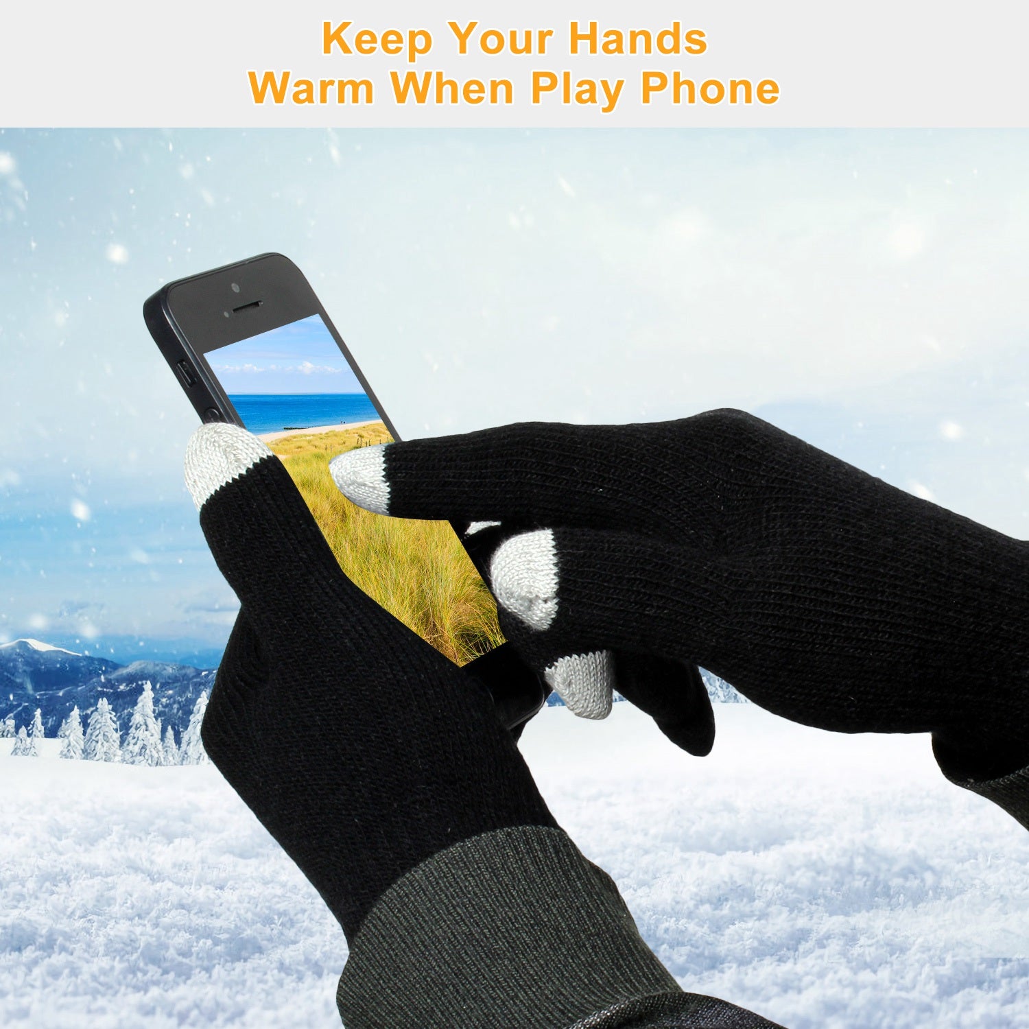 Black knit touchscreen gloves with three-finger fingertips and ribbed cuffs, hands with phone.