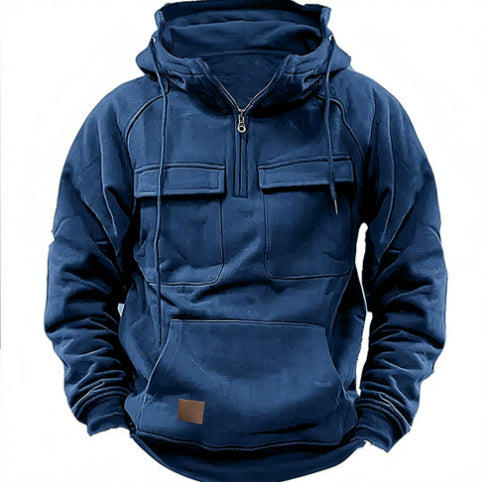 Navy zip-up hoodie with hood, front zip, flap chest pockets, kangaroo pocket