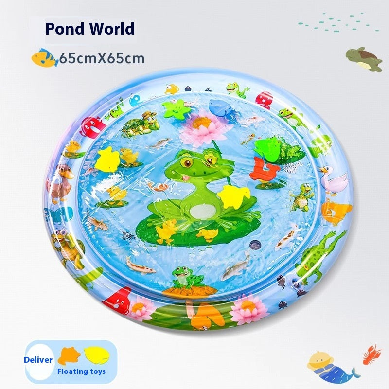 Round inflatable pet water cooling bed, green pond animal design with blue outer ring; 65x65cm