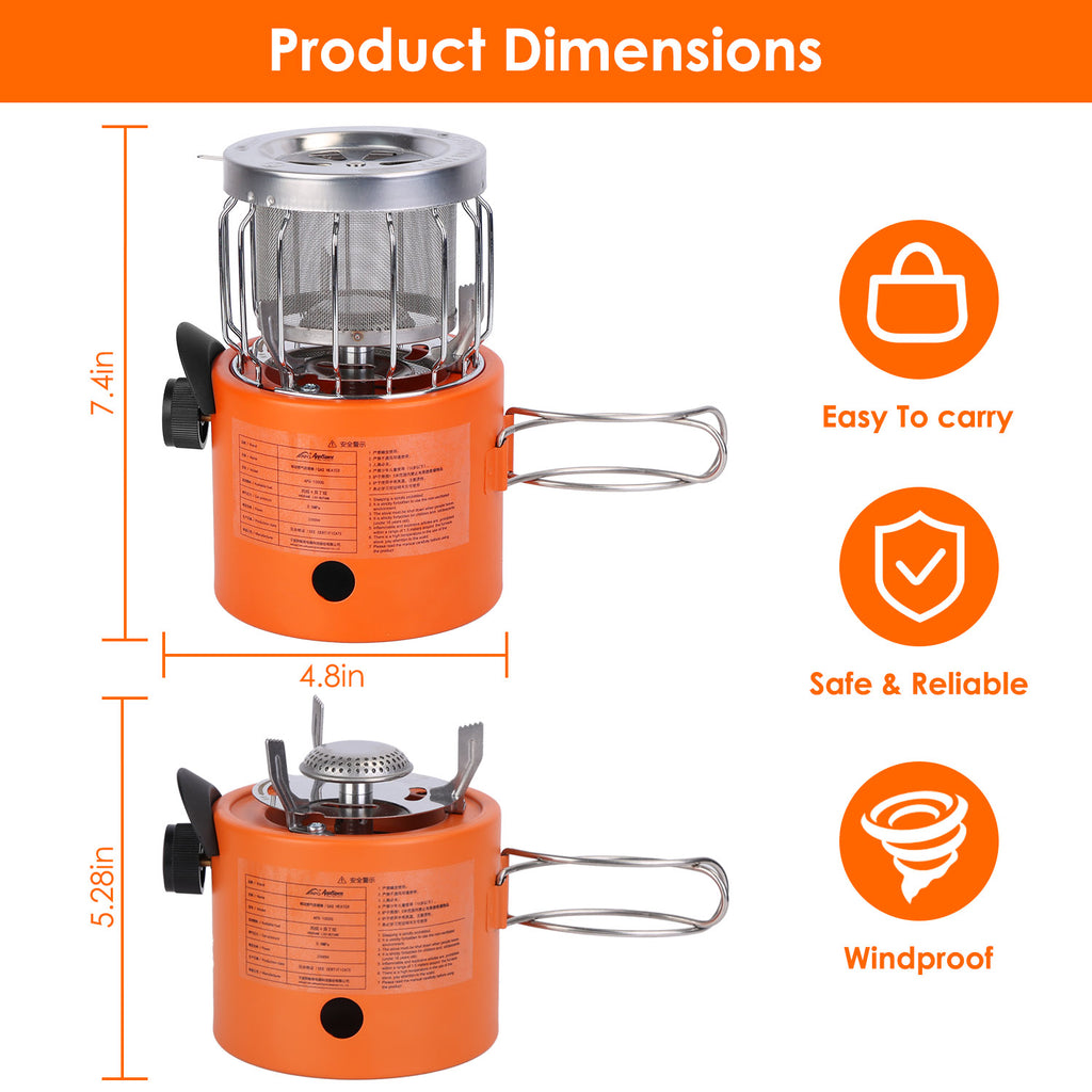 Orange outdoor gas stove and heater, front and side view with carrying handle