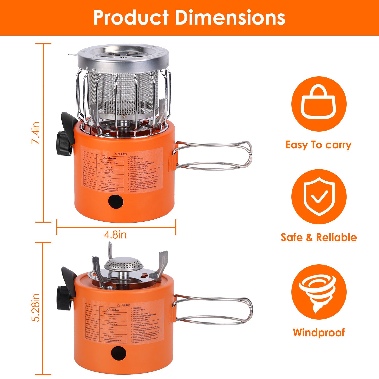 Orange outdoor gas stove and heater, front and side view with carrying handle