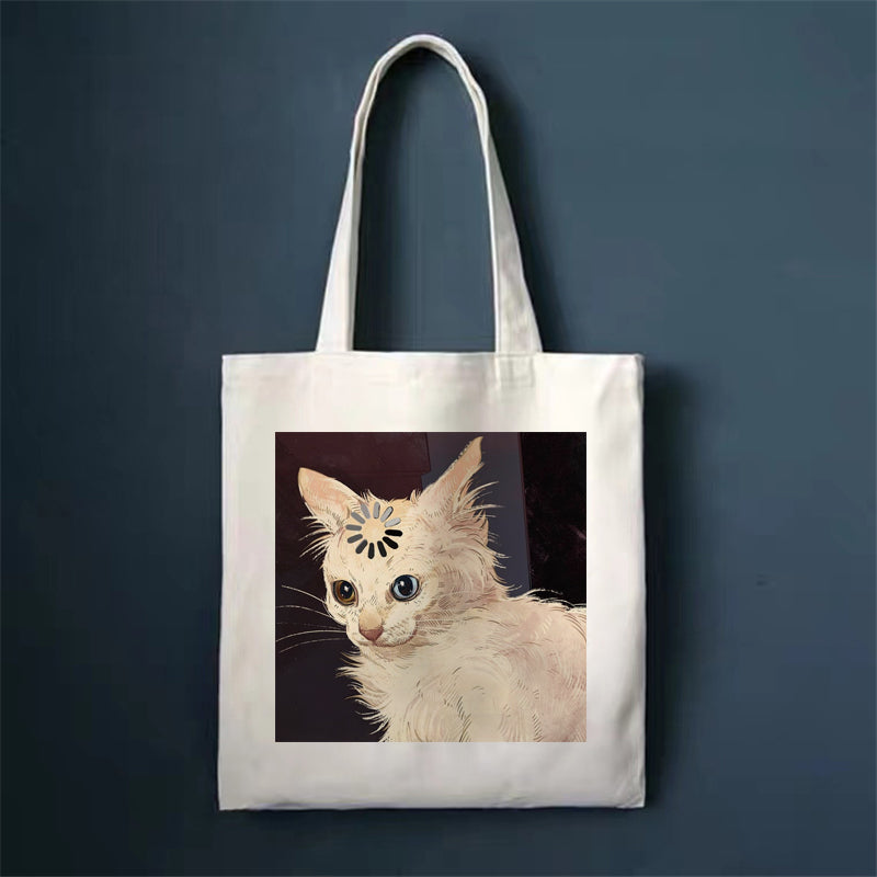 Canvas tote bag, white, with light cat with flower headband print.