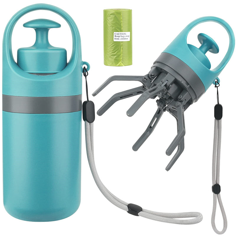 Light blue dog poop scooper kit with bag dispenser and gray scoop tool, plus bag roll